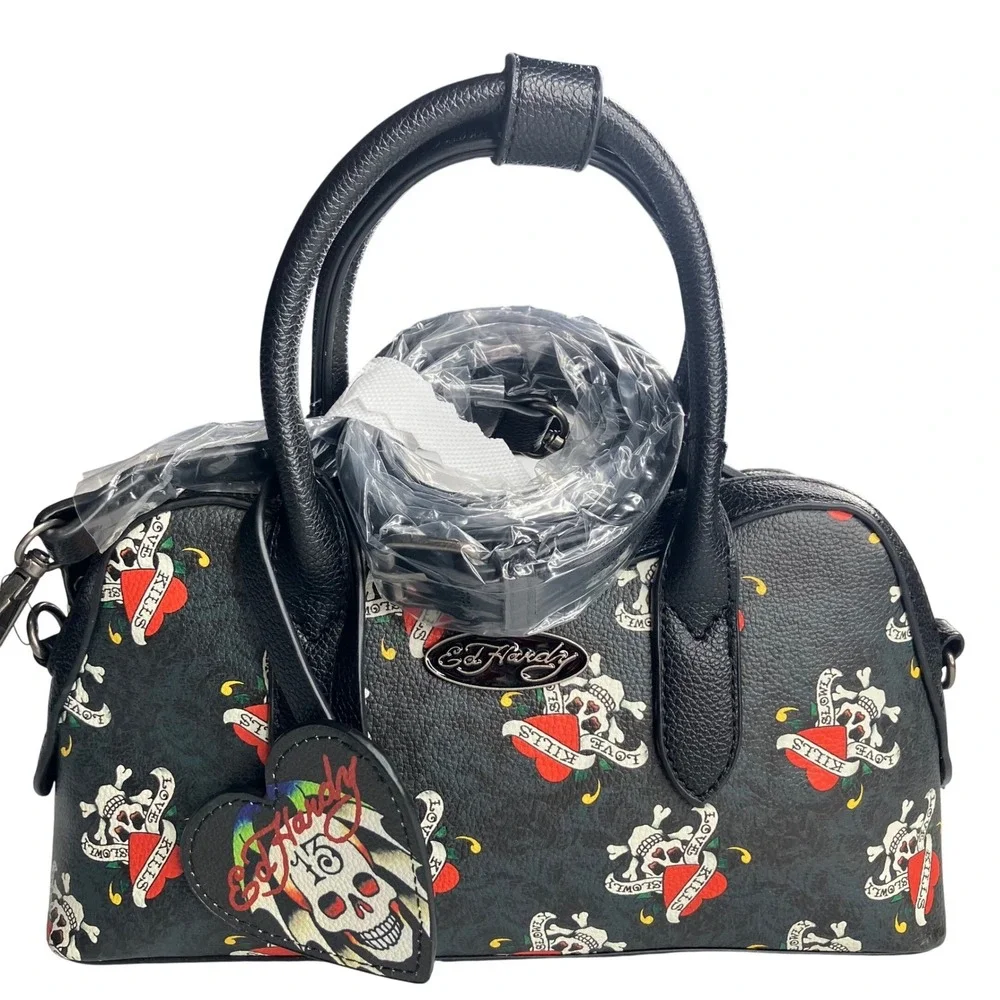 Ed Hardy Skull Heart Tattoo Print‎ Satchel Crossbody Bag Black